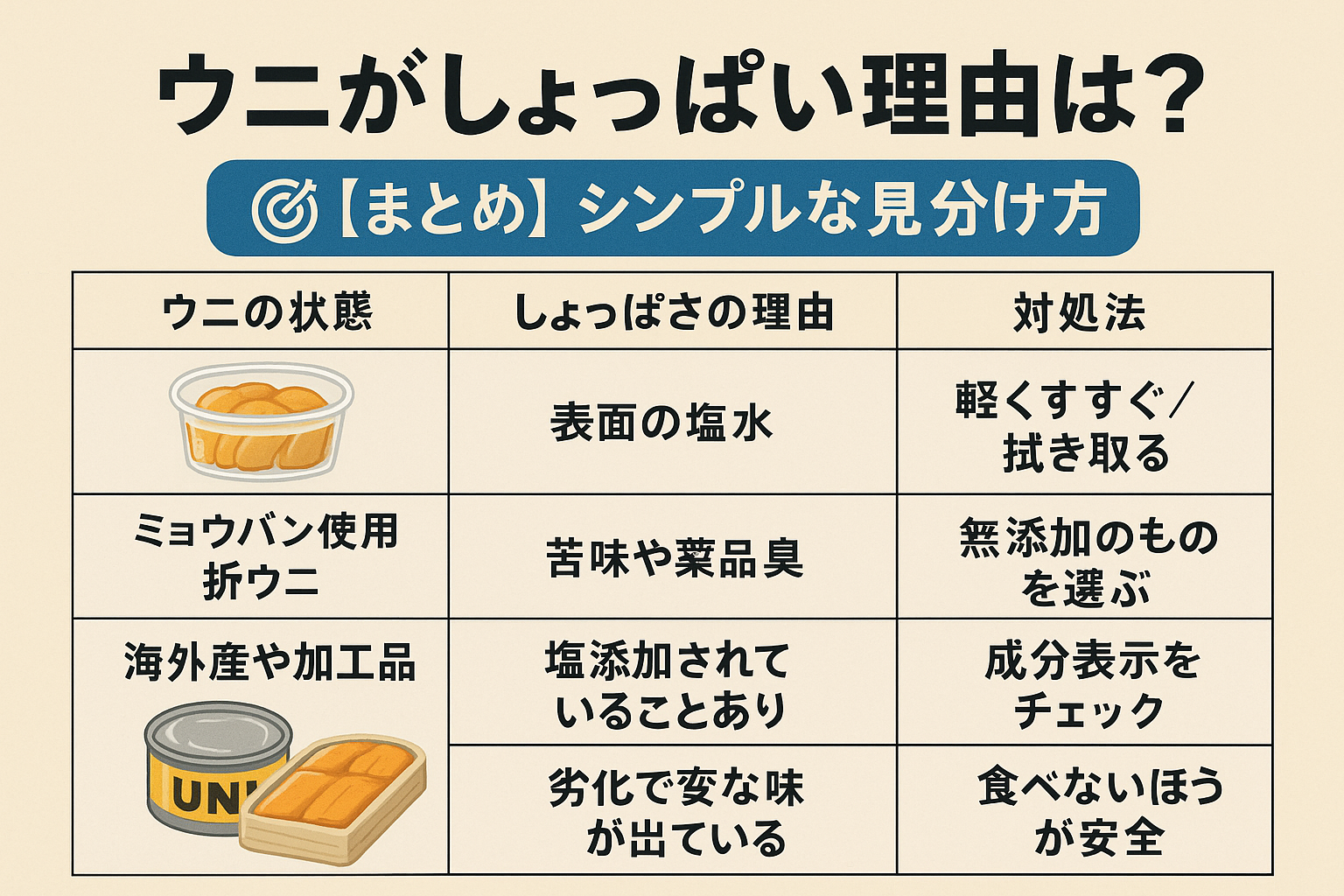 🎯【早わかり表】そのウニ、なぜしょっぱい？原因と対処法