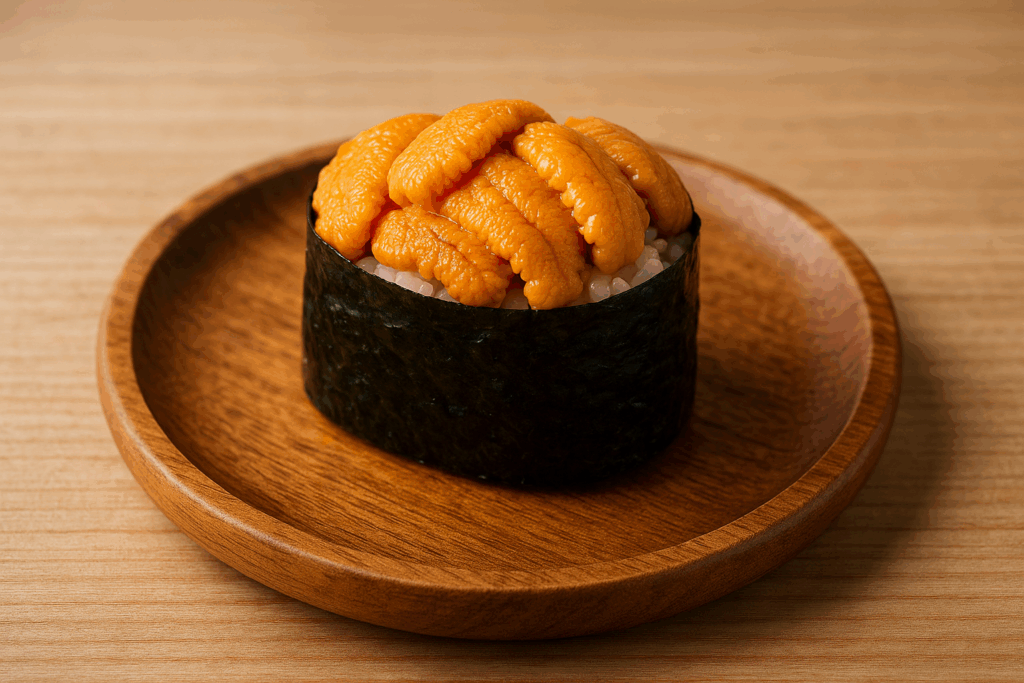 軍艦巻き 　王道の食べ方。海苔と酢飯がウニの甘さを引き立てます。