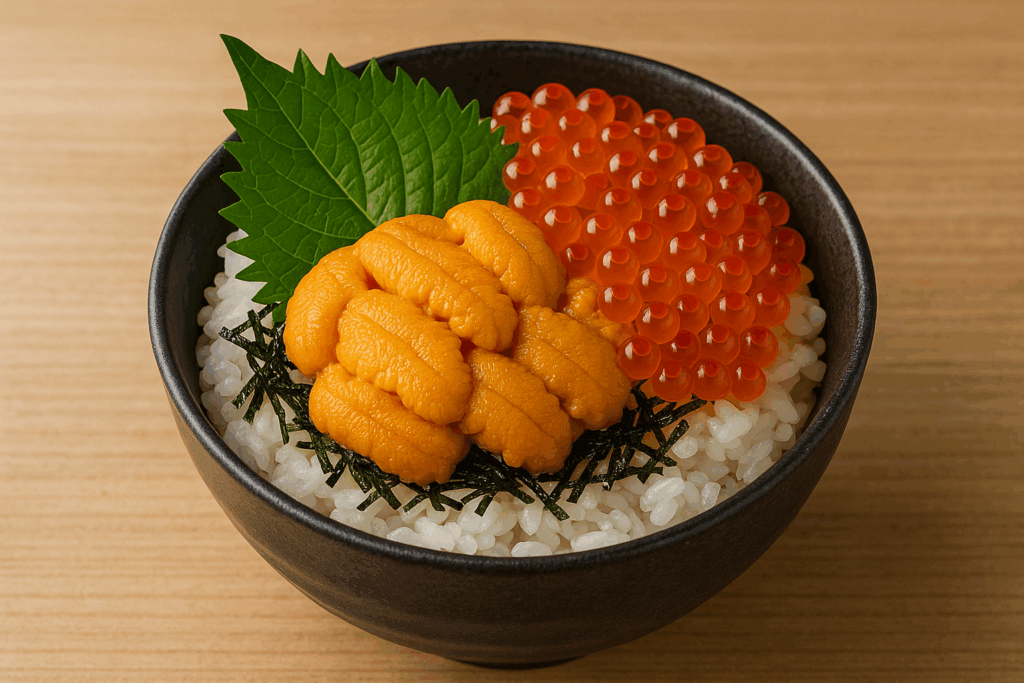 うに丼（ウニいくら丼） 　炊きたてご飯にたっぷり乗せて。シソや刻み海苔を添えると風味がアップします。