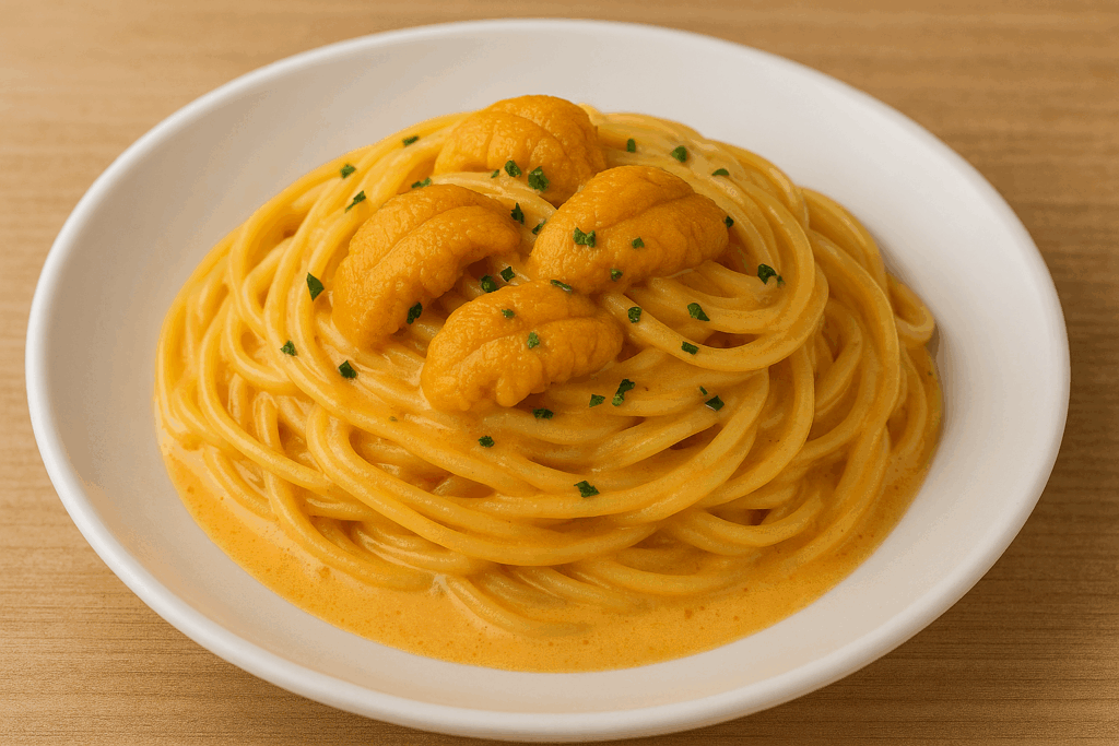 うにクリームパスタ 　生クリームとバターで作る濃厚なソースに塩水うにを加えると、まるで高級レストランの味に。