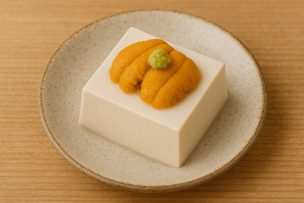うにの冷奴のせ 　冷奴にわさびと一緒に塩水うにを乗せて、おつまみにぴったり。